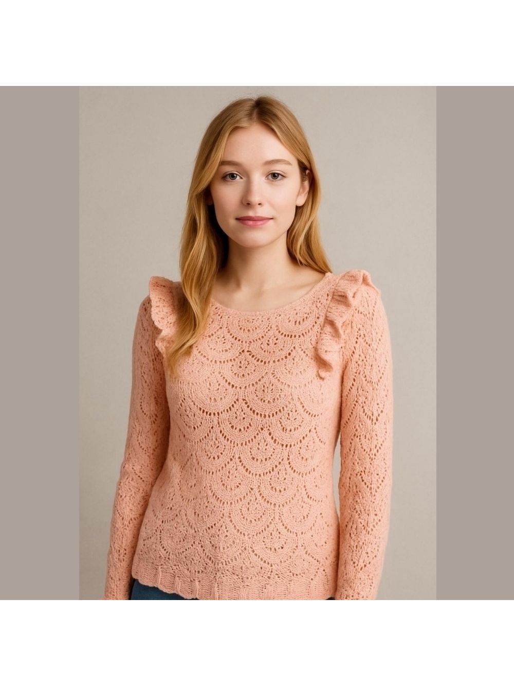 Kaari Blue sweater, open weave, pink, size XL